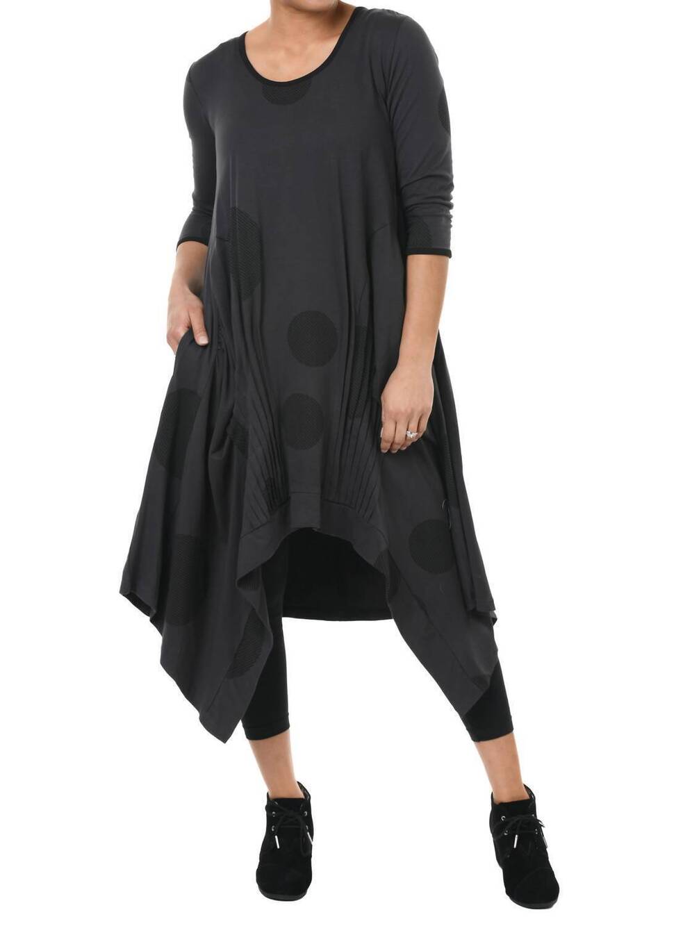 NEW TULIP CLOTHING lexi dress in charcoal striped circles
